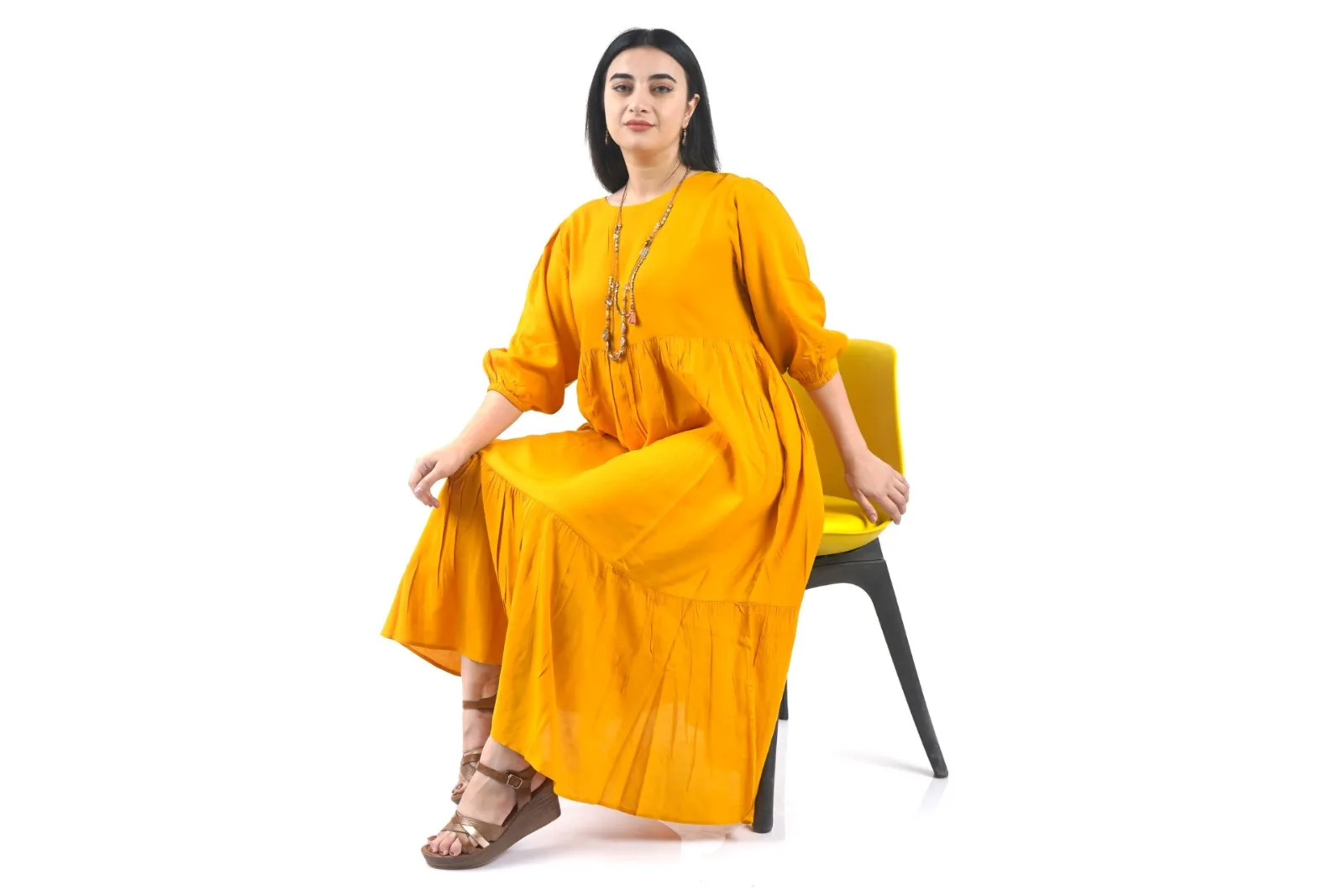 Women's  Sage Yellow Rayon Dress with Pockets view 3